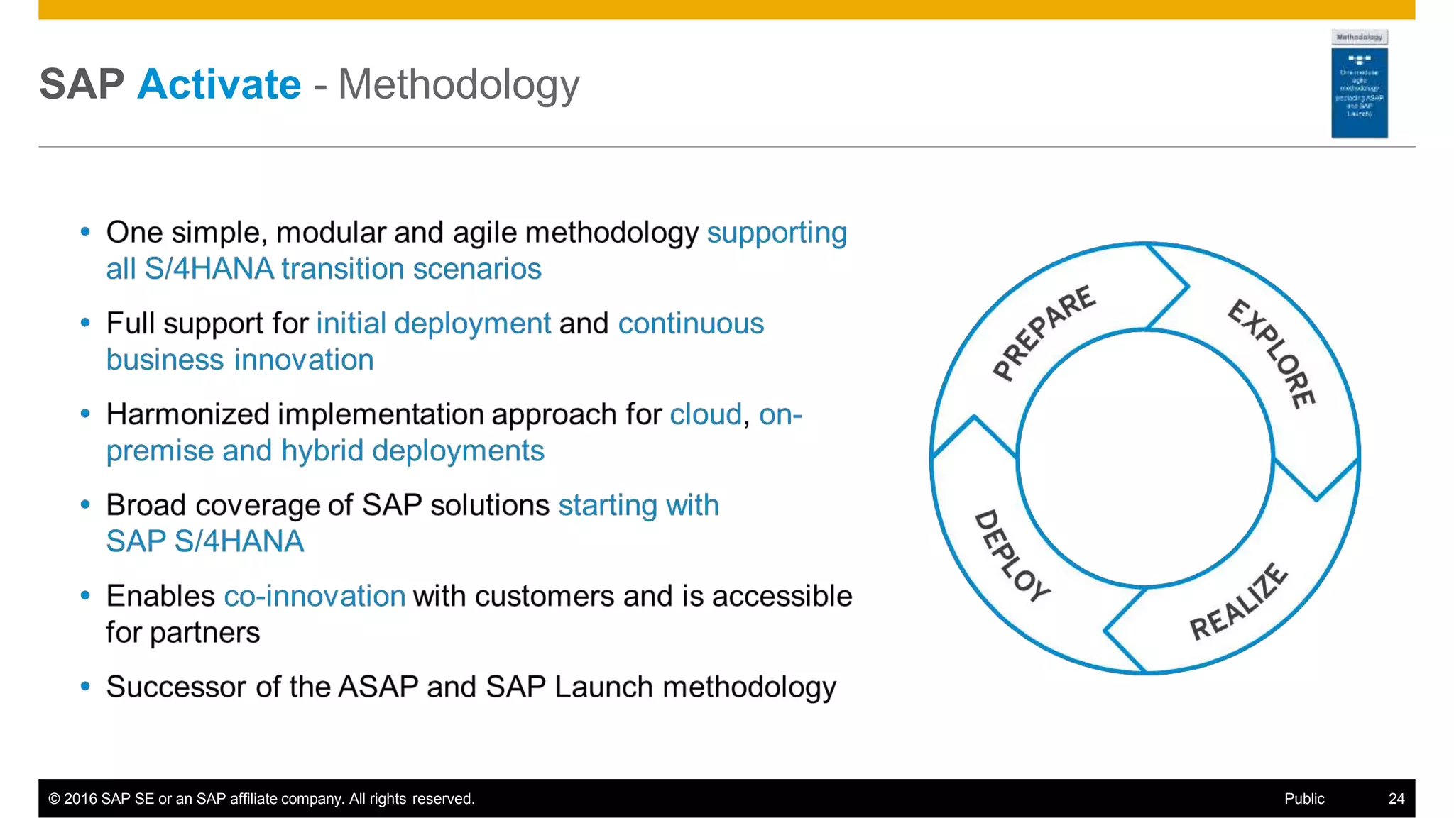 SAP Activate - Methodology
© 2016 SAP SE or an SAP affiliate company. All rights reserved. Public 24
 