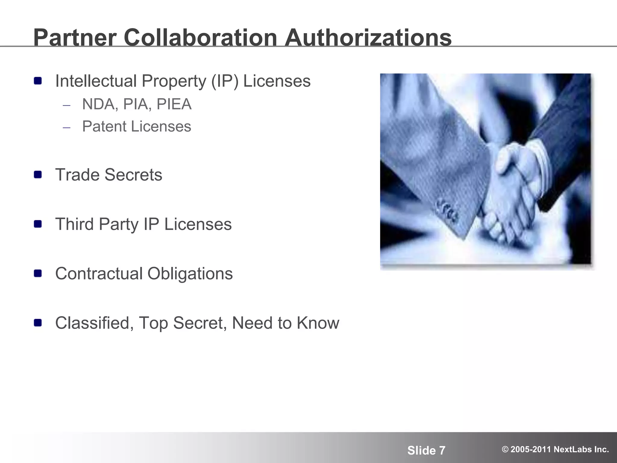Partner Collaboration AuthorizationsIntellectual Property (IP) LicensesNDA, PIA, PIEAPatent LicensesTrade SecretsThird Party IP LicensesContractual ObligationsClassified, Top Secret, Need to Know