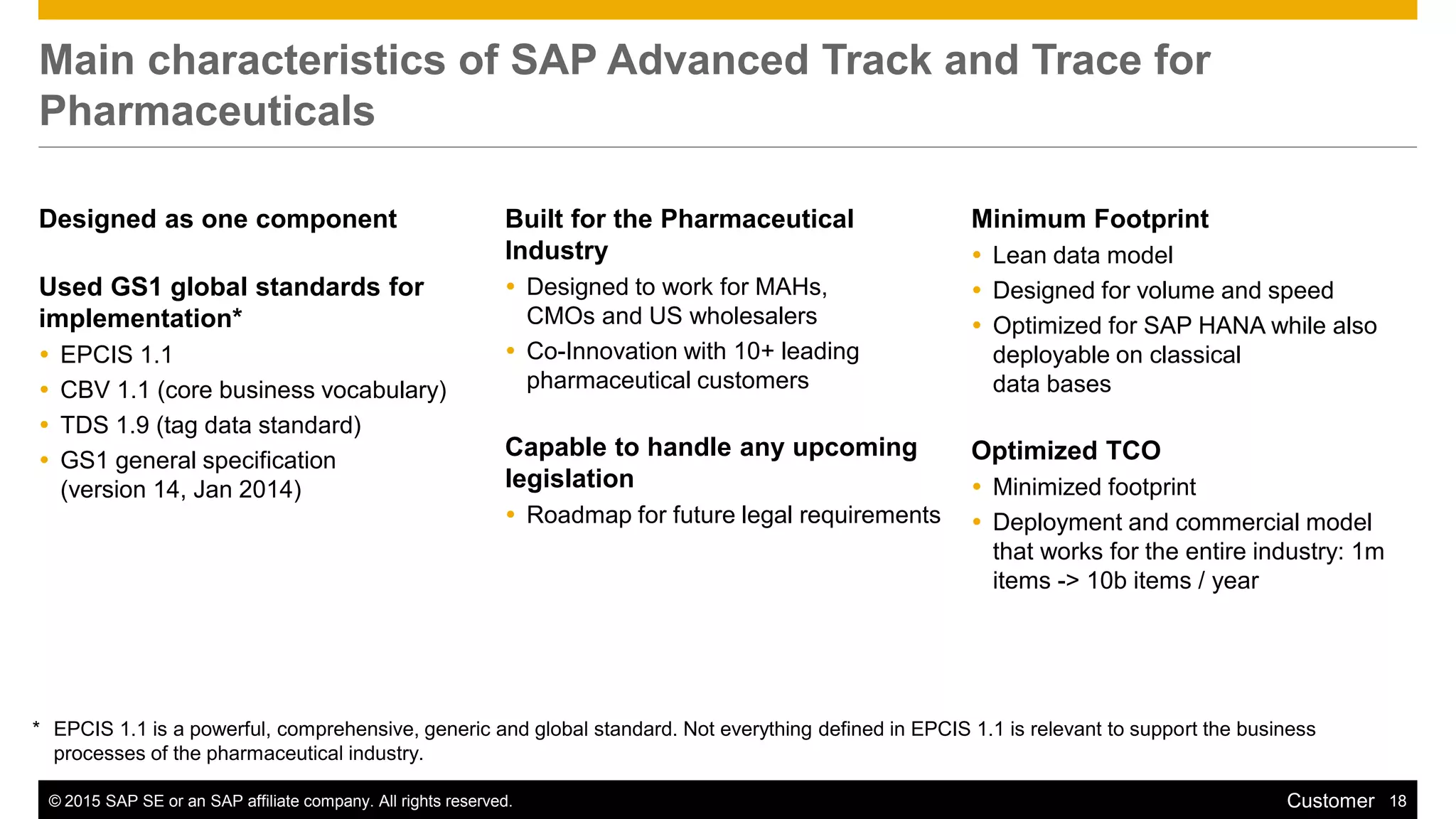 © 2015 SAP SE or an SAP affiliate company. All rights reserved. 18Customer
Main characteristics of SAP Advanced Track and Trace for
Pharmaceuticals
Designed as one component
Used GS1 global standards for
implementation*
 EPCIS 1.1
 CBV 1.1 (core business vocabulary)
 TDS 1.9 (tag data standard)
 GS1 general specification
(version 14, Jan 2014)
Minimum Footprint
 Lean data model
 Designed for volume and speed
 Optimized for SAP HANA while also
deployable on classical
data bases
Optimized TCO
 Minimized footprint
 Deployment and commercial model
that works for the entire industry: 1m
items -> 10b items / year
Built for the Pharmaceutical
Industry
 Designed to work for MAHs,
CMOs and US wholesalers
 Co-Innovation with 10+ leading
pharmaceutical customers
Capable to handle any upcoming
legislation
 Roadmap for future legal requirements
* EPCIS 1.1 is a powerful, comprehensive, generic and global standard. Not everything defined in EPCIS 1.1 is relevant to support the business
processes of the pharmaceutical industry.
 