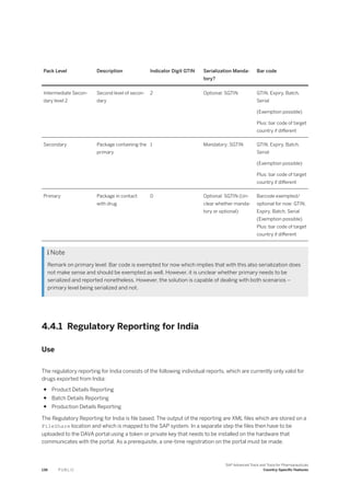 Pack Level Description Indicator Digit GTIN Serialization Manda­
tory?
Bar code
Intermediate Secon­
dary level 2
Second level of secon­
dary
2 Optional: SGTIN GTIN, Expiry, Batch,
Serial
(Exemption possible)
Plus: bar code of target
country if different
Secondary Package containing the
primary
1 Mandatory: SGTIN GTIN, Expiry, Batch,
Serial
(Exemption possible)
Plus: bar code of target
country if different
Primary Package in contact
with drug
0 Optional: SGTIN (Un­
clear whether manda­
tory or optional)
Barcode exempted/
optional for now: GTIN,
Expiry, Batch, Serial
(Exemption possible)
Plus: bar code of target
country if different
 Note
Remark on primary level: Bar code is exempted for now which implies that with this also serialization does
not make sense and should be exempted as well. However, it is unclear whether primary needs to be
serialized and reported nonetheless. However, the solution is capable of dealing with both scenarios –
primary level being serialized and not.
4.4.1 Regulatory Reporting for India
Use
The regulatory reporting for India consists of the following individual reports, which are currently only valid for
drugs exported from India:
● Product Details Reporting
● Batch Details Reporting
● Production Details Reporting
The Regulatory Reporting for India is file based. The output of the reporting are XML files which are stored on a
FileShare location and which is mapped to the SAP system. In a separate step the files then have to be
uploaded to the DAVA portal using a token or private key that needs to be installed on the hardware that
communicates with the portal. As a prerequisite, a one-time registration on the portal must be made.
136 P U B L I C
SAP Advanced Track and Trace for Pharmaceuticals
Country-Specific Features
 