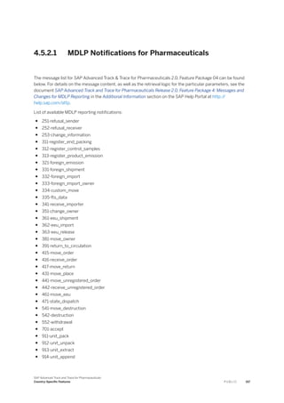 4.5.2.1 MDLP Notifications for Pharmaceuticals
The message list for SAP Advanced Track & Trace for Pharmaceuticals 2.0, Feature Package 04 can be found
below. For details on the message content, as well as the retrieval logic for the particular parameters, see the
document SAP Advanced Track and Trace for Pharmaceuticals Release 2.0, Feature Package 4: Messages and
Changes for MDLP Reporting in the Additional Information section on the SAP Help Portal at http:/
/
help.sap.com/attp.
List of available MDLP reporting notifications:
● 251-refusal_sender
● 252-refusal_receiver
● 253-change_information
● 311-register_end_packing
● 312-register_control_samples
● 313-register_product_emission
● 321-foreign_emission
● 331-foreign_shipment
● 332-foreign_import
● 333-foreign_import_owner
● 334-custom_move
● 335-fts_data
● 341-receive_importer
● 351-change_owner
● 361-eeu_shipment
● 362-eeu_import
● 363-eeu_release
● 381-move_owner
● 391-return_to_circulation
● 415-move_order
● 416-receive_order
● 417-move_return
● 431-move_place
● 441-move_unregistered_order
● 442-receive_unregistered_order
● 461-move_eeu
● 471-state_dispatch
● 541-move_destruction
● 542-destruction
● 552-withdrawal
● 701-accept
● 911-unit_pack
● 912-unit_unpack
● 913-unit_extract
● 914-unit_append
SAP Advanced Track and Trace for Pharmaceuticals
Country-Specific Features P U B L I C 157
 