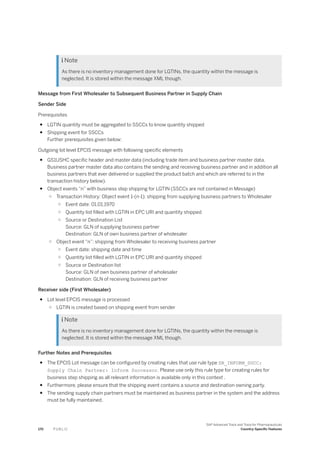  Note
As there is no inventory management done for LGTINs, the quantity within the message is
neglected. It is stored within the message XML though.
Message from First Wholesaler to Subsequent Business Partner in Supply Chain
Sender Side
Prerequisites
● LGTIN quantity must be aggregated to SSCCs to know quantity shipped
● Shipping event for SSCCs
Further prerequisites given below:
Outgoing lot level EPCIS message with following specific elements
● GS1USHC specific header and master data (including trade item and business partner master data.
Business partner master data also contains the sending and receiving business partner and in addition all
business partners that ever delivered or supplied the product batch and which are referred to in the
transaction history below).
● Object events “n” with business step shipping for LGTIN (SSCCs are not contained in Message)
○ Transaction History: Object event 1-(n-1): shipping from supplying business partners to Wholesaler
○ Event date: 01.01.1970
○ Quantity list filled with LGTIN in EPC URI and quantity shipped
○ Source or Destination List
Source: GLN of supplying business partner
Destination: GLN of own business partner of wholesaler
○ Object event “n”: shipping from Wholesaler to receiving business partner
○ Event date: shipping date and time
○ Quantity list filled with LGTIN in EPC URI and quantity shipped
○ Source or Destination list
Source: GLN of own business partner of wholesaler
Destination: GLN of receiving business partner
Receiver side (First Wholesaler)
● Lot level EPCIS message is processed
○ LGTIN is created based on shipping event from sender
 Note
As there is no inventory management done for LGTINs, the quantity within the message is
neglected. It is stored within the message XML though.
Further Notes and Prerequisites
● The EPCIS Lot message can be configured by creating rules that use rule type SR_INFORM_SUCC:
Supply Chain Partner: Inform Successor. Please use only this rule type for creating rules for
business step shipping as all relevant information is available only in this context .
● Furthermore, please ensure that the shipping event contains a source and destination owning party.
● The sending supply chain partners must be maintained as business partner in the system and the address
must be fully maintained.
170 P U B L I C
SAP Advanced Track and Trace for Pharmaceuticals
Country-Specific Features
 