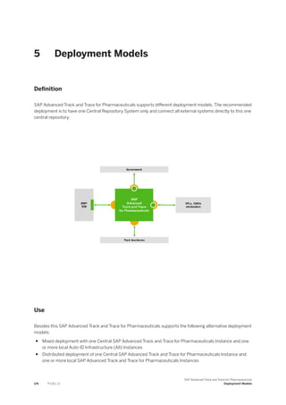 5 Deployment Models
Definition
SAP Advanced Track and Trace for Pharmaceuticals supports different deployment models. The recommended
deployment is to have one Central Repository System only and connect all external systems directly to this one
central repository.
Use
Besides this SAP Advanced Track and Trace for Pharmaceuticals supports the following alternative deployment
models:
● Mixed deployment with one Central SAP Advanced Track and Trace for Pharmaceuticals Instance and one
or more local Auto-ID Infrastructure (AII) Instances
● Distributed deployment of one Central SAP Advanced Track and Trace for Pharmaceuticals Instance and
one or more local SAP Advanced Track and Trace for Pharmaceuticals Instances
174 P U B L I C
SAP Advanced Track and Trace for Pharmaceuticals
Deployment Models
 