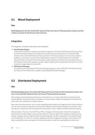 5.1 Mixed Deployment
Use
Mixed Deployment with One Central SAP Advanced Track and Trace for Pharmaceuticals Instance and One
or More Local Auto-ID Infrastructure (AII) Instances
Integration
The integration includes the following limited capabilities
● Serial Number Ranges
The local AII instances can request serial number ranges from the Central SAP Advanced Track and Trace
for Pharmaceuticals instance and handle them just like they were distributed from a central AII/OER
instance. From Central SAP Advanced Track and Trace for Pharmaceuticals point of view the Local AII is
treated as a consumer of serial numbers identified by a system ID. Therefore within the Central SAP
Advanced Track and Trace for Pharmaceuticals a system needs to be created which represents the local
AII. Whenever the local AII requests a number range it needs to do this request with the system id in order
to map this range request to the local AII.
● EPCIS Event Messages
AII is able to create and publish EPCIS event messages based on rules to SAP OER. SAP Advanced Track
and Trace for Pharmaceuticals is capable of processing EPCIS event messages.
5.2 Distributed Deployment
Use
Distributed deployment of one Central SAP Advanced Track and Trace for Pharmaceuticals Instance and
one or more local SAP Advanced Track and Trace for Pharmaceuticals Instances
After setting up the landscape by defining your local instances, you have to replicate the Customizing and
master data from the central to the local systems. You have to also configure the replication of transactional
data in the rules maintenance in all your systems.
Now, within the local instances, you can start requesting serial numbers and ranges from the central instance,
and use those numbers to respond to serial number requests issued to the local system (for example, those
coming from a production line connected to the local system or from a CMO connected to the local system).
After production, the line can send EPCIS (or PML) messages to the local system where the messages are
processed. Now further logistics events can be captured in the local system (for example, receiving, storing,
picking, shipping). At the configured events (typically shipping), the data is replicated to the central instance
via the replication rule. There, for example, regulatory reporting is triggered (if relevant). And if relevant, the
data is replicated to other local systems if the ship to location is under the responsibility of another local
176 P U B L I C
SAP Advanced Track and Trace for Pharmaceuticals
Deployment Models
 