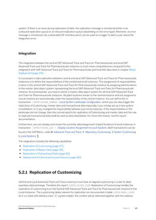 system. If there is an issue during replication of data, the replication message is introduced either in an
outbound replication queue or an inbound replication queue (depending on the error type). Moreover, an error
message is introduced into a dedicated AIF interface which can be used as a trigger to alert a user about the
integration error.
Integration
The integration between the central SAP Advanced Track and Trace for Pharmaceuticals and local SAP
Advanced Track and Trace for Pharmaceuticals instances is much more comprehensive compared to the
integration with SAP Advanced Track and Trace for Pharmaceuticals and local AIIs described in chapter Mixed
Deployment [page 176].
A crucial part in data replication between central and local SAP Advanced Track and Trace for Pharmaceuticals
instances is to define the responsibilities of the central and local instances. This assignment of responsibilities
is done in the central SAP Advanced Track and Trace for Pharmaceuticals instance by assigning plant locations
to the master data object system representing the local SAP Advanced Track and Trace for Pharmaceuticals
instance. As a prerequisite, you have to define a master data object system for all local SAP Advanced Track
and Trace for Pharmaceuticals instances. All plant locations known to the central instance and not assigned to
a local instance are automatically under the responsibility of the central instance. You can define this in
transaction /STTP/DISTR_LANDSC - Local System Landscape Configuration, where you can also trigger the
replication of Customizing, master data and transactional data especially if you initially set up a new system
constellation, or if you changed the responsibility between your local instances. If the responsibilities in the
landscape did not change, then the normal reports for replication of Customizing and master data and the rule
to replicate transactional data shall be used as described below. For more information, see the report
documentation.
Furthermore, you can display and review the currently valid assignment of plant locations to local instances in
transaction /STTP/CSYST_LOC - Display Location Assignment to Local Systems. Both transactions can be
found in the SAP Menu, under Advanced Track and Trace Repository Customizing System Customizing
Local Systems .
The integration includes the following capabilities:
● Replication of Customizing [page 177]
● Replication of Master Data [page 178]
● Replication of Transactional Data [page 181]
● Deployment of Central and Local Instances [page 182]
5.2.1 Replication of Customizing
Central and Local Advanced Track and Trace instances must have an aligned customizing in order to allow
seamless data exchange. Therefore the report /STTP/DISTR_CUST Replication of Customizing handles the
replication of customizing from the Central SAP Advanced Track and Trace for Pharmaceuticals instance to the
Local Instances. The customizing tables relevant for replication are documented in table /STTP/REPL_CUST.
As it is a table with delivery class “S” (system table), the content will be delivered together with the solution.
SAP Advanced Track and Trace for Pharmaceuticals
Deployment Models P U B L I C 177
 