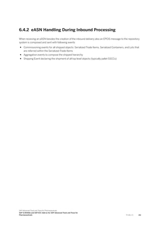 6.4.2 eASN Handling During Inbound Processing
When receiving an eASN besides the creation of the inbound delivery also an EPCIS message to the repository
system is composed and sent with following events
● Commissioning events for all shipped objects: Serialized Trade Items, Serialized Containers, and Lots that
are referred within the Serialized Trade Items
● Aggregation events to compose the shipped hierarchy
● Shipping Event declaring the shipment of all top level objects (typically pallet SSCCs)
SAP Advanced Track and Trace for Pharmaceuticals
SAP S/4HANA and SAP ECC Add-on for SAP Advanced Track and Trace for
Pharmaceuticals P U B L I C 211
 