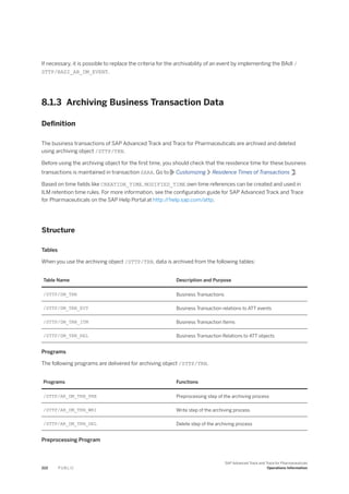 If necessary, it is possible to replace the criteria for the archivability of an event by implementing the BAdI /
STTP/BADI_AR_DM_EVENT.
8.1.3 Archiving Business Transaction Data
Definition
The business transactions of SAP Advanced Track and Trace for Pharmaceuticals are archived and deleted
using archiving object /STTP/TRN.
Before using the archiving object for the first time, you should check that the residence time for these business
transactions is maintained in transaction SARA. Go to Customizing Residence Times of Transactions .
Based on time fields like CREATION_TIME, MODIFIED_TIME own time references can be created and used in
ILM retention time rules. For more information, see the configuration guide for SAP Advanced Track and Trace
for Pharmaceuticals on the SAP Help Portal at http:/
/help.sap.com/attp.
Structure
Tables
When you use the archiving object /STTP/TRN, data is archived from the following tables:
Table Name Description and Purpose
/STTP/DM_TRN Business Transactions
/STTP/DM_TRN_EVT Business Transaction relations to ATT events
/STTP/DM_TRN_ITM Business Transaction Items
/STTP/DM_TRN_REL Business Transaction Relations to ATT objects
Programs
The following programs are delivered for archiving object /STTP/TRN.
Programs Functions
/STTP/AR_DM_TRN_PRE Preprocessing step of the archiving process
/STTP/AR_DM_TRN_WRI Write step of the archiving process
/STTP/AR_DM_TRN_DEL Delete step of the archiving process
Preprocessing Program
222 P U B L I C
SAP Advanced Track and Trace for Pharmaceuticals
Operations Information
 
