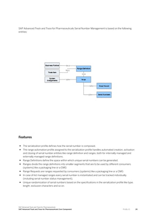 SAP Advanced Track and Trace for Pharmaceuticals Serial Number Management is based on the following
entities:
Features
● The serialization profile defines how the serial number is composed.
● The range automation profile assigned to the serialization profile handles automated creation, activation
and closing of serial number entities like range definition and ranges, both for internally managed and
externally managed range definitions.
● Range Definitions define the space within which unique serial numbers can be generated.
● Ranges divide the range definitions into smaller segments that are to be used by different consumers
(systems) like a packaging line or a CMO.
● Range Requests are ranges requested by consumers (systems) like a packaging line or a CMO.
● In case of list managed ranges every serial number is instantiated and can be tracked individually
(including serial number status management).
● Unique randomization of serial numbers based on the specifications in the serialization profile like type,
length, exclusion characters and so on.
SAP Advanced Track and Trace for Pharmaceuticals
SAP Advanced Track and Trace for Pharmaceuticals Core Component P U B L I C 29
 