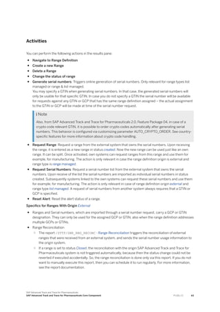 Activities
You can perform the following actions in the results pane:
● Navigate to Range Definition
● Create a new Range
● Delete a Range
● Change the status of range
● Generate serial numbers: Triggers online generation of serial numbers. Only relevant for range types list
managed or range & list managed.
You may specify a GTIN when generating serial numbers. In that case, the generated serial numbers will
only be usable for that specific GTIN. In case you do not specify a GTIN the serial number will be available
for requests against any GTIN or GCP that has the same range definition assigned – the actual assignment
to the GTIN or GCP will be made at time of the serial number request.
 Note
Also, from SAP Advanced Track and Trace for Pharmaceuticals 2.0, Feature Package 04, in case of a
crypto code relevant GTIN, it is possible to order crypto codes automatically after generating serial
numbers. This behavior is configured via customizing parameter AUTO_CRYPTO_ORDER. See country-
specific features for more information about crypto code handling.
● Request Range: Request a range from the external system that owns the serial numbers. Upon receiving
the range, it is entered as a new range in status created. Now the new range can be used just like an own
range. It can be split. Once activated, own systems can request ranges from this range and use them for
example, for manufacturing. The action is only relevant in case the range definition origin is external and
range type is range managed.
● Request Serial Numbers: Request a serial number list from the external system that owns the serial
numbers. Upon receive of the list the serial numbers are imported as individual serial numbers in status
created. Subsequently systems linked to the own systems can request these serial numbers and use them
for example, for manufacturing. The action is only relevant in case of range definition origin external and
range type list managed. A request of serial numbers from another system always requires that a GTIN or
GCP is specified.
● Reset Alert: Reset the alert status of a range.
Specifics for Ranges With Origin External
● Ranges and Serial numbers, which are imported through a serial number request, carry a GCP or GTIN
designation. They can only be used for the assigned GCP or GTIN, also when the range definition addresses
multiple GCPs or GTINs.
● Range Reconciliation
○ The report /STTP/SNR_RNG_RECONC - Range Reconciliation triggers the reconciliation of external
ranges that were received from an external system, and sends the serial number usage information to
the origin system.
○ If a range is set to status Closed, the reconciliation with the origin SAP Advanced Track and Trace for
Pharmaceuticals system is not triggered automatically, because then the status change could not be
reverted if executed accidentally. So, the range reconciliation is done only via this report. If you do not
want to manually execute this report, then you can schedule it to run regularly. For more information,
see the report documentation.
SAP Advanced Track and Trace for Pharmaceuticals
SAP Advanced Track and Trace for Pharmaceuticals Core Component P U B L I C 43
 