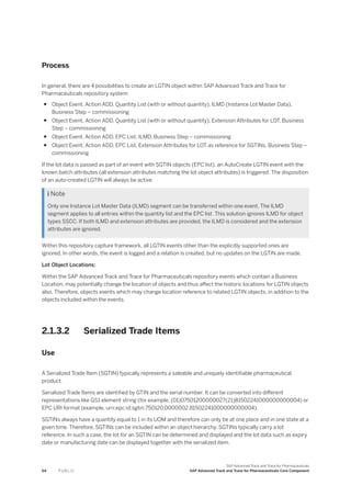 Process
In general, there are 4 possibilities to create an LGTIN object within SAP Advanced Track and Trace for
Pharmaceuticals repository system:
● Object Event, Action ADD, Quantity List (with or without quantity), ILMD (Instance Lot Master Data),
Business Step – commissioning
● Object Event, Action ADD, Quantity List (with or without quantity), Extension Attributes for LOT, Business
Step – commissioning
● Object Event, Action ADD, EPC List, ILMD, Business Step – commissioning
● Object Event, Action ADD, EPC List, Extension Attributes for LOT as reference for SGTINs, Business Step –
commissioning
If the lot data is passed as part of an event with SGTIN objects (EPC list), an AutoCreate LGTIN event with the
known batch attributes (all extension attributes matching the lot object attributes) is triggered. The disposition
of an auto-created LGTIN will always be active.
 Note
Only one Instance Lot Master Data (ILMD) segment can be transferred within one event. The ILMD
segment applies to all entries within the quantity list and the EPC list. This solution ignores ILMD for object
types SSCC. If both ILMD and extension attributes are provided, the ILMD is considered and the extension
attributes are ignored.
Within this repository capture framework, all LGTIN events other than the explicitly supported ones are
ignored. In other words, the event is logged and a relation is created, but no updates on the LGTIN are made.
Lot Object Locations:
Within the SAP Advanced Track and Trace for Pharmaceuticals repository events which contain a Business
Location, may potentially change the location of objects and thus affect the historic locations for LGTIN objects
also. Therefore, objects events which may change location reference to related LGTIN objects, in addition to the
objects included within the events.
2.1.3.2 Serialized Trade Items
Use
A Serialized Trade Item (SGTIN) typically represents a saleable and uniquely identifiable pharmaceutical
product.
Serialized Trade Items are identified by GTIN and the serial number. It can be converted into different
representations like GS1 element string (for example, (01)07501200000027(21)81502241000000000004) or
EPC URI format (example, urn:epc:id:sgtin:750120.0000002.81502241000000000004).
SGTINs always have a quantity equal to 1 in its UOM and therefore can only be at one place and in one state at a
given time. Therefore, SGTINs can be included within an object hierarchy. SGTINs typically carry a lot
reference. In such a case, the lot for an SGTIN can be determined and displayed and the lot data such as expiry
date or manufacturing date can be displayed together with the serialized item.
64 P U B L I C
SAP Advanced Track and Trace for Pharmaceuticals
SAP Advanced Track and Trace for Pharmaceuticals Core Component
 