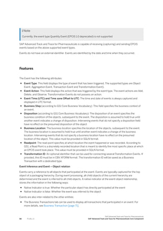  Note
Currently, the event type Quantity Event (EPCIS 1.0 deprecated) is not supported
SAP Advanced Track and Trace for Pharmaceuticals is capable of receiving (capturing) and sending EPCIS
events based on the above supported event types.
Events do not have an external identifier. Events are identified by the date and time when they occurred.
Features
The Event has the following attributes:
● Event Type: This field displays the type of event that has been triggered. The supported types are Object
Event, Aggregation Event, Transaction Event and Transformation Event).
● Event Action: This field displays the action that was triggered by the event type. The event actions are Add,
Delete, and Observe. Transformation Events do not possess an action.
● Event Time (UTC) and Time zone Offset to UTC: The time and date of events is always captured and
displayed in UTC format.
● Business Step (according to GS1 Core Business Vocabulary): This field specifies the business context of
an event.
● Disposition (according to GS1 Core Business Vocabulary): The disposition of an event specifies the
business condition of the objects, subsequent to the event. The disposition is assumed to hold true until
another event indicates a change of disposition. Intervening events that do not specify a disposition field
have no effect on the presumed disposition of the object
● Business Location: The business location specifies the location of the objects, subsequent to the event.
The business location is assumed to hold true until another event indicates a change of the business
location. Intervening events that do not specify a business location have no effect on the presumed
location of the object. This value must be provided in SGLN format.
● Readpoint: The read point specifies at which location the event happened or was recorded. According to
GS1, a Read Point is a discretely recorded location that is meant to identify the most specific place at which
an EPCIS event took place. This value must be provided in SGLN format.
● Transformation ID: An optional identifier that can be used for connecting several Transformation Events. If
provided, this ID must be in CBV XFORM format. The transformation ID will be saved as a Business
Transaction with a dedicated type.
Event Inference and Event – Object relation
Events carry a reference to all objects that participated at the event. Events are typically captured for the top
object of a packaging hierarchy. During event processing, all child objects of the current hierarchy are
determined and the event is inferred to all child objects. A native indicator at the event-object relationship,
stores the information in the following ways:
● Native Indicator is true: Whether the particular object has directly participated at the event
● Native Indicator is false: Whether the event was inferred to the object
Events are also inter-related to the other entities:
● The Business Transactions tab can be used to display all transactions that participated in an event. For
more details, see Business Transaction [page 71].
68 P U B L I C
SAP Advanced Track and Trace for Pharmaceuticals
SAP Advanced Track and Trace for Pharmaceuticals Core Component
 