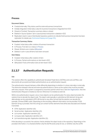 Process
Document Status
● Created externally: Only status used for external business transactions
● Initially Integrated: Initial status value for business transactions integrated from ECC
● Closed or Finished: Transaction summary status is closed
● Deleted in Source System: Set in case business transaction is deleted in ECC
● Replicated: Used in case of distributed repository systems to indicate that business transaction has been
replicated; for details see, Distributed Deployment [page 176].
Transaction Summary Status
● Created: Initial status after creation of business transaction
● In Process: First item is in status In Process
● Closed: All items are in status GM posted
● Deleted: Is set in case all items have been removed
Item Status
● Created: Initial status after creation of item
● In Process: Partial confirmations on item level in ECC
● GM posted: Final confirmation done at item level in ECC
2.1.3.7 Authentication Requests
Use
The solution offers the capability to authenticate Serialized Trade Items (SGTINs) and Lots (LGTINs), and
documents all successful and failed authentications as an authentication request.
The authentication request behaves a little differently depending on whether it is done internally or externally.
The distinction between internal and external authentications is done via the system that must be provided
with every request. If the system is assigned to a business partner which has a role Own Organization, then the
Authentication Request is treated as internal. Otherwise it is treated as external.
Within one authentication request, one or more objects can be authenticated. For every object provided, the
solution tries to decode the object code. The object code typically is submitted as GS1 element string and
alternatively can be submitted in EPC URI format or any other format that the solution can decode (for
example, Chinese EDMC code). Depending on the encoding, different information can be provided. If GS1
Element string is provided, then this string can contain further elements that will be also decoded and checked
if provided:
● GTIN: Application identifier (01)
● Serial number: Application identifier (21)
● Lot number: Application identifier (10)
● Lot expiry date: Application identifier (17)
● Lot manufacturing date: Application identifier (11)
If the decoding is successful, the solution checks whether the object exists in the repository. Depending on the
provided information, it is checked whether only the SGTIN exists (only 01+21), or whether only the LGTIN
76 P U B L I C
SAP Advanced Track and Trace for Pharmaceuticals
SAP Advanced Track and Trace for Pharmaceuticals Core Component
 