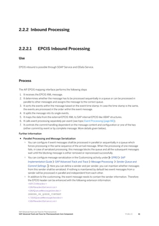 2.2.2 Inbound Processing
2.2.2.1 EPCIS Inbound Processing
Use
EPCIS inbound is possible through SOAP Service and OData Service.
Process
The AIF EPCIS mapping interface performs the following steps
1. It receives the EPCIS XML message.
2. It determines whether the message has to be processed sequentially in a queue or can be processed in
parallel to other messages and assigns the message to the correct queue.
3. It sorts the events within the message based on the event time stamp. In case the time stamp is the same,
the events are processed in the order within the event message.
4. It splits the message into its single events.
5. It maps the data from the external EPCIS XML to SAP internal EPCIS-like ABAP structures.
6. It calls event processing separately per event (see topic Event Processing [page 84]).
7. It controls the commit handling dependent on the message content and configuration or one of the two
(either commit by event or by complete message. More details given below).
Further Information
● Parallel Processing and Message Serialization
○ You can configure if event messages shall be processed in parallel or sequentially in a queue which
forces processing in the same sequence of the arrival message. When the processing of one message
fails, in case of serialized processing, this message blocks the queue and all the subsequent messages
wait until the blocking message is either removed or reprocessed successfully.
○ You can configure message serialization in the Customizing activity under SPRO SAP
Implementation Guide SAP Advanced Track and Trace Message Processing Sender Queue and
Commit Settings . Here you can define a sender and per sender, you can maintain whether messages
from this sender shall be serialized. If nothing is maintained by default two event messages from a
sender will be processed in parallel and independent from each other.
○ In addition to the customizing, the event message needs to contain the sender information. Therefore
the EPCIS header can be enhanced with the following extension information
<EPCISHeader>
<SAPHeaderExtension>
<SAPQueueMessageSender>
SENDER_OR_QUEUE_CONTENT
</SAPQueueMessageSender>
<SAPHeaderExtension>
SAP Advanced Track and Trace for Pharmaceuticals
SAP Advanced Track and Trace for Pharmaceuticals Core Component P U B L I C 81
 