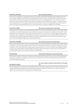 BR_BATCH_SHIPMENT Bus. Rule: Batch Shipment
This rule can be triggered for a shipping event that was created for an LGTIN. The rule determines all related objects for
batch shipment, getting the whole hierarchy including parent SGTINs and SSCCs. If another GTIN is included in the hierar­
chy, the system checks whether the lot number for them is the same as the shipped batch. This is necessary in order to
support more than one level of SGTINs. In the case of inconsistent hierarchies (different lot numbers, …) the system stops
the processing of the rule. In the case of correct hierarchy, the system creates a new shipping event with all the collected
items of the hierarchy including SGTINs, SSCCs, Lots with the same lot number and triggers SCP notification.
BR_CRYPTO_COMM Bus. Rule: Commissioning for Crpto Codes
This business rule is required in crypto code relevant markets. As of now this is only Russia. However, as this might change
in the future, and since the underlying concept is based on a more generic framework, it is listed as a business rule. You can
leverage this rule to declare that a crypto code was commissioned. In the case of Russia, this will trigger a utilization notifi-
cation to the order management station (OMS), confirming the crypto codes with a status USED_FOR_PRODUCTION. This
is a prerequisite to follow-up reporting notifications in Russia. As an alternative to this rule, also the crypto code manage­
ment UI can be leveraged to trigger the corresponding notification.
BR_CRYPTO_DECOMM Bus. Rule: Decommission for Crpto Codes
This business rule is required in crypto code relevant markets. As of now this is only Russia. However, as this might change
in the future, and since the underlying concept is based on a more generic framework, it is listed as a business rule. You can
leverage this rule in order declare that a crypto code was decommissioned. In the case of Russia, this will trigger a dropout
notification the order management station (OMS), declaring the decommissioning of a crypto code. As a prerequisite, it is
required that the utilization of a crypto code has been reported before.
BR_DISTR_DM Business Rule: Replication of transactional data
This business rule type is only relevant in case you have a distributed SAP Advanced Track and Trace for Pharmaceuticals
landscape. If you have such a landscape, then you need to setup this rule in order to automatically distribute the transac­
tional data between the systems.
BR_UNPACK_DECOM
Bus. Rule: Unpack complete and decomission of hierarchy
obj
This rule type determines the hierarchy of all objects contained in the event message, and for all of them all SSCC layers are
unpacked and decommissioned but the contained SGTIN hierarchy is kept intact. This rule can be used for example to
“flatten” the hierarchy at the time of shipping to an external location
SAP Advanced Track and Trace for Pharmaceuticals
SAP Advanced Track and Trace for Pharmaceuticals Core Component P U B L I C 91
 