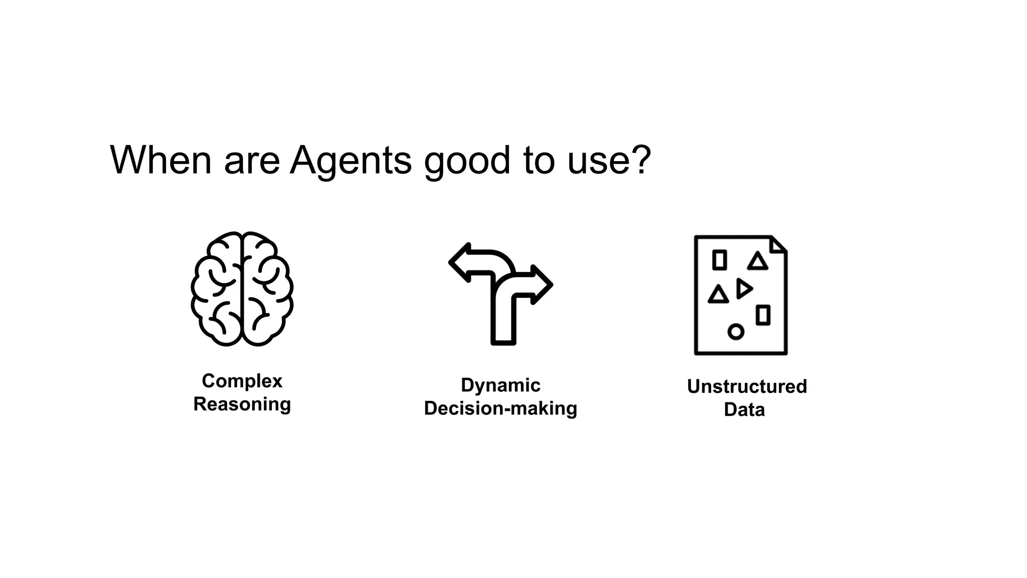 Complex
Reasoning
Dynamic
Decision-making
Unstructured
Data
When are Agents good to use?
 