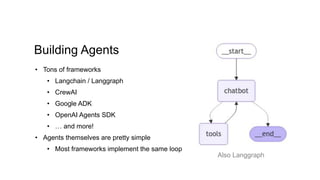 Building Agents
• Tons of frameworks
• Langchain / Langgraph
• CrewAI
• Google ADK
• OpenAI Agents SDK
• … and more!
• Agents themselves are pretty simple
• Most frameworks implement the same loop
Also Langgraph
 