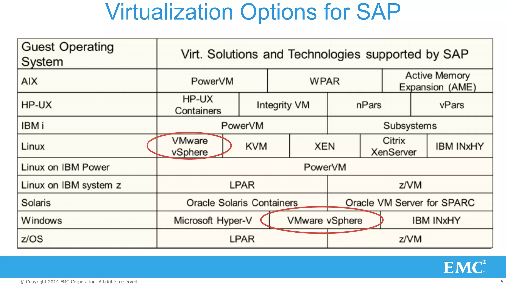 Virtualization Options for SAP 
© Copyright 2014 EMC Corporation. All rights reserved. 6 
 