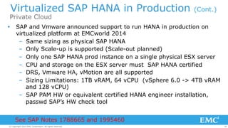Virtualized SAP HANA in Production (Cont.) 
Private Cloud 
Ÿ SAP and Vmware announced support to run HANA in production on 
virtualized platform at EMCworld 2014 
– Same sizing as physical SAP HANA 
– Only Scale-up is supported (Scale-out planned) 
– Only one SAP HANA prod instance on a single physical ESX server 
– CPU and storage on the ESX server must SAP HANA certified 
– DRS, Vmware HA, vMotion are all supported 
– Sizing Limitations: 1TB vRAM, 64 vCPU (vSphere 6.0 -> 4TB vRAM 
and 128 vCPU) 
– SAP PAM HW or equivalent certified HANA engineer installation, 
passwd SAP’s HW check tool 
See SAP Notes 1788665 and 1995460 
© Copyright 2014 EMC Corporation. All rights reserved. 28 
 