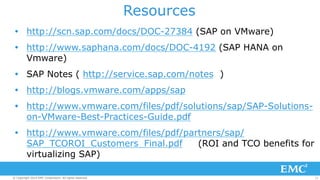 Resources 
Ÿ http://scn.sap.com/docs/DOC-27384 (SAP on VMware) 
Ÿ http://www.saphana.com/docs/DOC-4192 (SAP HANA on 
Vmware) 
Ÿ SAP Notes ( http://service.sap.com/notes ) 
Ÿ http://blogs.vmware.com/apps/sap 
Ÿ http://www.vmware.com/files/pdf/solutions/sap/SAP-Solutions-on- 
VMware-Best-Practices-Guide.pdf 
Ÿ http://www.vmware.com/files/pdf/partners/sap/ 
SAP_TCOROI_Customers_Final.pdf (ROI and TCO benefits for 
virtualizing SAP) 
© Copyright 2014 EMC Corporation. All rights reserved. 31 
 