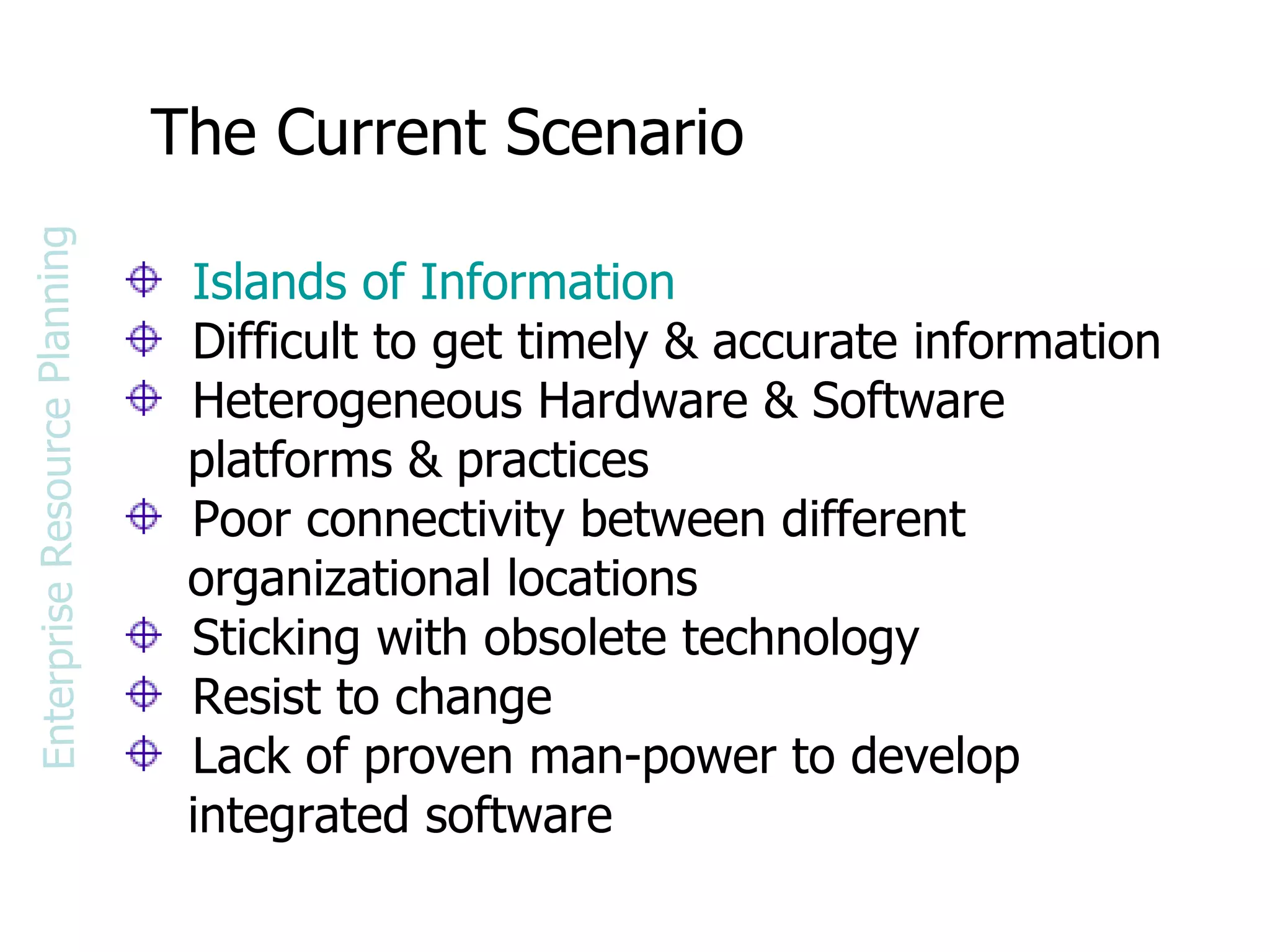 The Current Scenario Islands of Information Difficult to get timely & accurate information Heterogeneous Hardware & Software platforms & practices Poor connectivity between different organizational locations Sticking with obsolete technology Resist to change Lack of proven man-power to develop integrated software Enterprise Resource Planning 