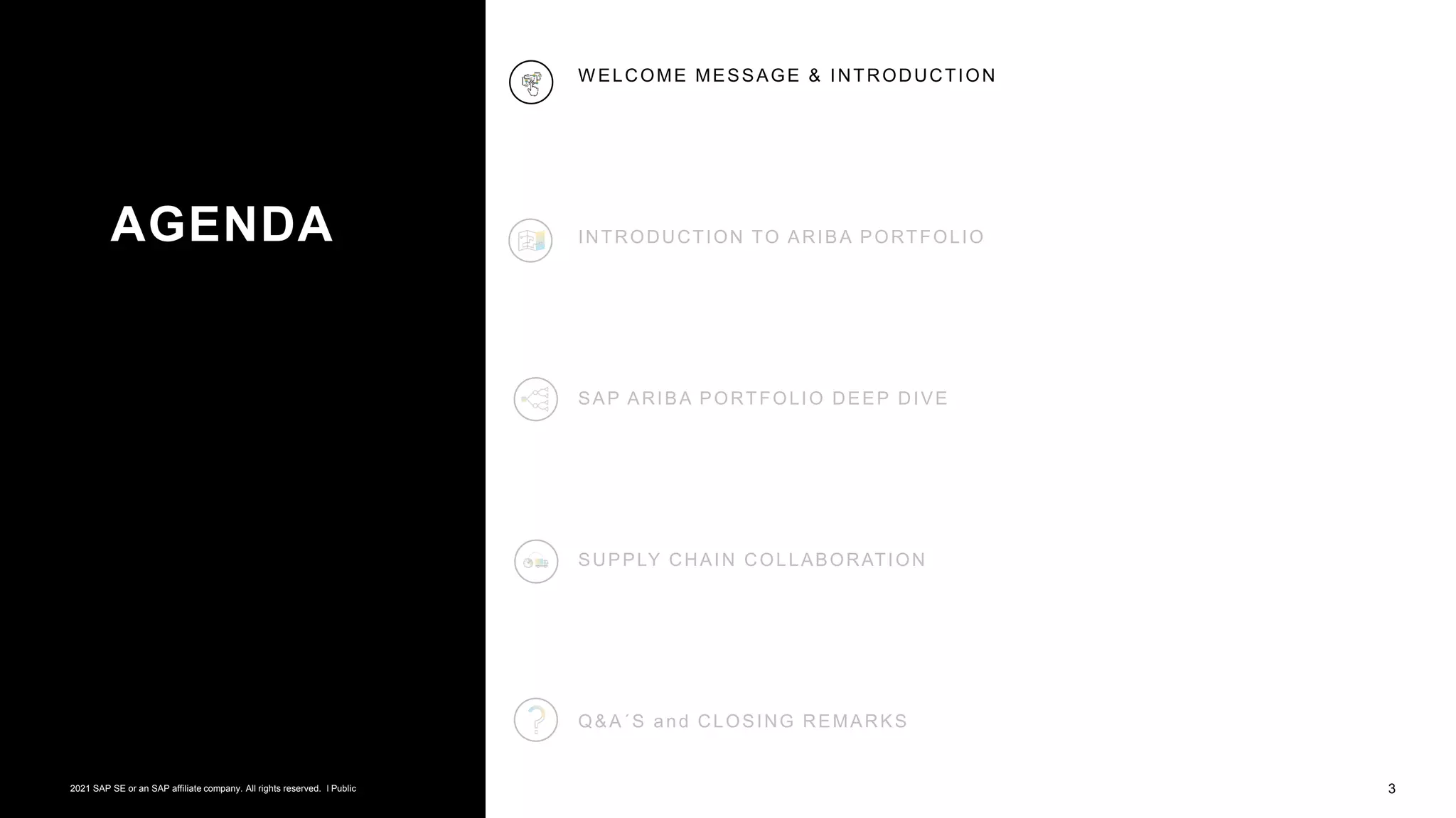 3
© 2021 SAP SE or an SAP affiliate company. All rights reserved. ǀ Public
Public
W ELCOME MESSAGE & INTRODUCTION
INTRODUCTION TO ARIBA PORTFOLIO
SAP ARIBA PORTFOLIO DEEP DIVE
SUPPLY CHAIN COLLABORATION
Q&A´S and CLOSING REMARKS
AGENDA
© 2021 SAP SE or an SAP affiliate company. All rights reserved. ǀ Public
 