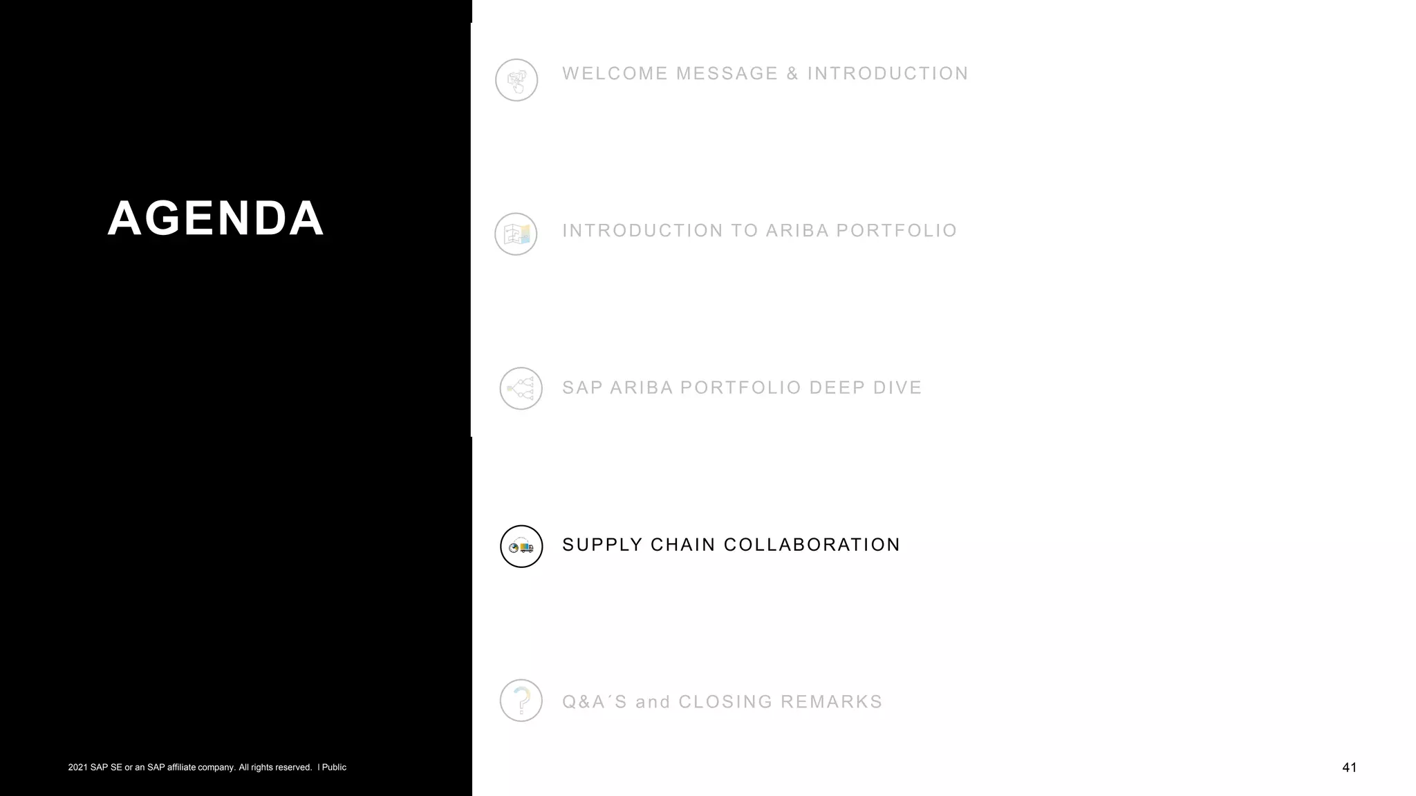 41
© 2021 SAP SE or an SAP affiliate company. All rights reserved. ǀ Public
Public
W ELCOME MESSAGE & INTRODUCTION
INTRODUCTION TO ARIBA PORTFOLIO
SAP ARIBA PORTFOLIO DEEP DIVE
SUPPLY CHAIN COLLABORATION
Q&A´S and CLOSING REMARKS
AGENDA
© 2021 SAP SE or an SAP affiliate company. All rights reserved. ǀ Public
 