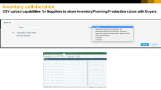 Inventory collaboration
CSV upload capabilities for Suppliers to share Inventory/Planning/Production status with Buyers
 