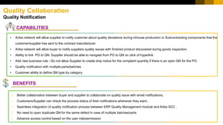 Quality Collaboration
Quality Notification
CAPABILITIES
• Better collaboration between buyer and supplier to collaborate on quality issue with email notifications.
• Customers/Supplier can check the process status of their notifications whenever they want..
• Seamless integration of quality notification process between ERP Quality Management module and Ariba SCC .
• No need to open duplicate QN for the same defect in case of multiple batches/parts
• Advance access control based on the user role/permission
• Ariba network will allow supplier to notify customer about quality deviations during inhouse production or Subcontracting components that the
customer/supplier has sent to the contract manufacturer
• Ariba network will allow buyer to notify suppliers quality issues with finished product discovered during goods inspection.
• Ability to link PO to QN. Supplier should be able to navigate from PO to QN on click of hyperlink
• Add new business rule - Do not allow Supplier to create ship notice for the complaint quantity if there is an open QN for the PO.
• Quality notification with multiple parts/batches
• Customer ability to define QN type by category
BENEFITS
 