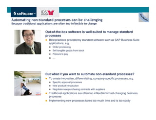 Automating non-standard processes can be challenging
Because traditional applications are often too inflexible to change


                          Out-of-the-box software is well-suited to manage standard
                          processes
                             Best practices provided by standard software such as SAP Business Suite
                             applications, e.g.
                                Order processing
                                Sell tangible goods from stock
                                Procure to pay
                                …




                          But what if you want to automate non-standard processes?
                             To create innovative, differentiating, company-specific processes, e.g.
                                Specific approval processes
                                New product introduction
                                Negotiate new purchasing contracts with suppliers
                             Traditional applications are often too inflexible for fast-changing business
                             processes
                             Implementing new processes takes too much time and is too costly


                                                                                                   Get There Faster.
 