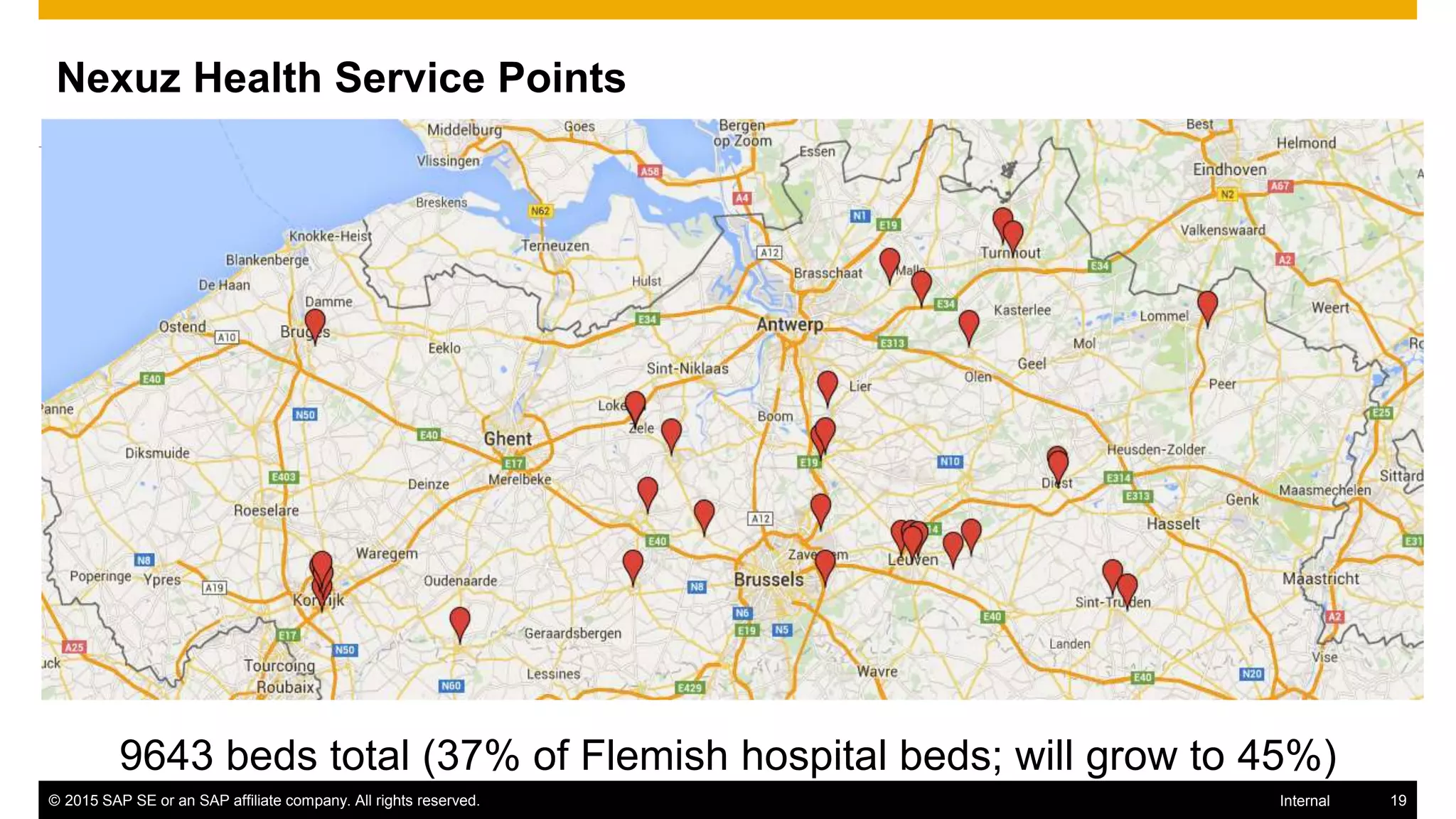 © 2015 SAP SE or an SAP affiliate company. All rights reserved. 19Internal
Nexuz Health Service Points
9643 beds total (37% of Flemish hospital beds; will grow to 45%)
 