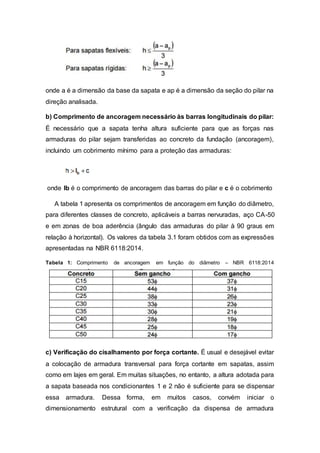 onde a é a dimensão da base da sapata e ap é a dimensão da seção do pilar na
direção analisada.
b) Comprimento de ancoragem necessário às barras longitudinais do pilar:
É necessário que a sapata tenha altura suficiente para que as forças nas
armaduras do pilar sejam transferidas ao concreto da fundação (ancoragem),
incluindo um cobrimento mínimo para a proteção das armaduras:
onde lb é o comprimento de ancoragem das barras do pilar e c é o cobrimento
A tabela 1 apresenta os comprimentos de ancoragem em função do diâmetro,
para diferentes classes de concreto, aplicáveis a barras nervuradas, aço CA-50
e em zonas de boa aderência (ângulo das armaduras do pilar à 90 graus em
relação à horizontal). Os valores da tabela 3.1 foram obtidos com as expressões
apresentadas na NBR 6118:2014.
Tabela 1: Comprimento de ancoragem em função do diâmetro – NBR 6118:2014
c) Verificação do cisalhamento por força cortante. É usual e desejável evitar
a colocação de armadura transversal para força cortante em sapatas, assim
como em lajes em geral. Em muitas situações, no entanto, a altura adotada para
a sapata baseada nos condicionantes 1 e 2 não é suficiente para se dispensar
essa armadura. Dessa forma, em muitos casos, convém iniciar o
dimensionamento estrutural com a verificação da dispensa de armadura
 