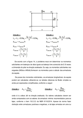 De acordo com a figura 14, o problema recai em determinar os momentos
solicitantes em balanços de vãos iguais ao balanço livre acrescido de 0,15 vezes
a dimensão do pilar na direção analisada. Ou seja, os momentos solicitantes nos
engastes (MSda e MSdb) fornecem os momentos para o cálculo das armaduras
da sapata.
De posse dos momentos solicitantes, as armaduras longitudinais da sapata
podem ser calculadas utilizando-se as tabelas clássicas da flexão simples ou
ainda por expressões simplificadas, conforme a seguir:
onde d é a altura útil na direção analisada. Os valores calculados devem ser
ainda comparados com os valores de armadura mínima recomendados para as
lajes, conforme o item 19.3.3.2 da NBR 6118:2014. Apesar da norma fazer
distinção entre armaduras positivas e negativas, e de lajes armadas em uma ou
 