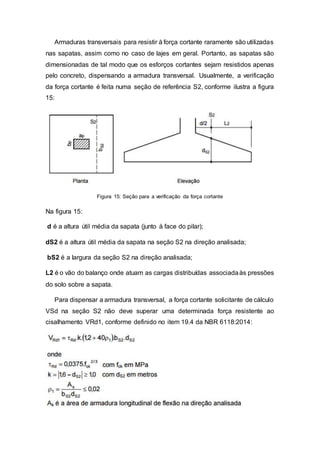 Armaduras transversais para resistir à força cortante raramente são utilizadas
nas sapatas, assim como no caso de lajes em geral. Portanto, as sapatas são
dimensionadas de tal modo que os esforços cortantes sejam resistidos apenas
pelo concreto, dispensando a armadura transversal. Usualmente, a verificação
da força cortante é feita numa seção de referência S2, conforme ilustra a figura
15:
Figura 15: Seção para a verificação da força cortante
Na figura 15:
d é a altura útil média da sapata (junto à face do pilar);
dS2 é a altura útil média da sapata na seção S2 na direção analisada;
bS2 é a largura da seção S2 na direção analisada;
L2 é o vão do balanço onde atuam as cargas distribuídas associadaàs pressões
do solo sobre a sapata.
Para dispensar a armadura transversal, a força cortante solicitante de cálculo
VSd na seção S2 não deve superar uma determinada força resistente ao
cisalhamento VRd1, conforme definido no item 19.4 da NBR 6118:2014:
 