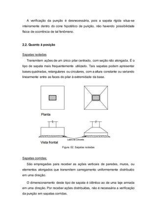 A verificação da punção é desnecessária, pois a sapata rígida situa-se
inteiramente dentro do cone hipotético de punção, não havendo possibilidade
física de ocorrência de tal fenômeno.
2.2. Quanto à posição
Sapatas isoladas
Transmitem ações de um único pilar centrado, com seção não alongada. É o
tipo de sapata mais frequentemente utilizado. Tais sapatas podem apresentar
bases quadradas, retangulares ou circulares, com a altura constante ou variando
linearmente entre as faces do pilar à extremidade da base.
Figura 02: Sapatas isoladas
Sapatas corridas:
São empregadas para receber as ações verticais de paredes, muros, ou
elementos alongados que transmitem carregamento uniformemente distribuído
em uma direção.
O dimensionamento deste tipo de sapata é idêntico ao de uma laje armada
em uma direção. Por receber ações distribuídas, não é necessária a verificação
da punção em sapatas corridas.
 
