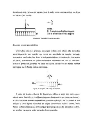 tensões do solo na base da sapata, igual à razão entre a carga vertical e a área
da sapata (em planta).
Figura 06: Sapata sob carga centrada
Sapatas sob carga excêntrica:
Em muitas situações práticas, as cargas verticais dos pilares são aplicadas
excentricamente em relação ao centro de gravidade da sapata, gerando
momentos nas fundações. Com a obrigatoriedade da consideração das ações
do vento, normalmente os pilares transmitem momentos em uma ou nas duas
direções principais, gerando na base da sapata solicitações de flexão normal
composta ou de flexão oblíqua composta.
Figura 07: Sapata sob carga excêntrica
O valor da tensão máxima do diagrama é obtido a partir das expressões
clássicas da Resistência dos Materiais para a flexão composta (ação excêntrica).
A distribuição de tensões depende do ponto de aplicação da força vertical em
relação à uma região específica da seção, denominada núcleo central. Para
forças verticais localizadas em qualquer posição pertencente ao núcleo central,
as tensões na sapata serão somente de compressão.
 