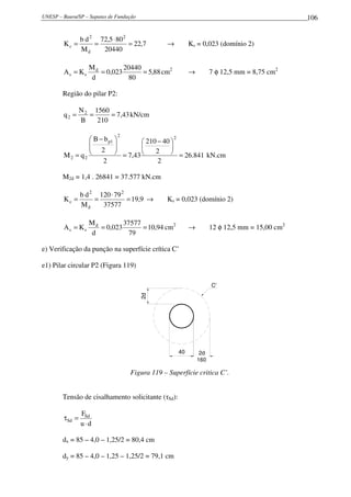 UNESP – Bauru/SP – Sapatas de Fundação                                                        106


                b d 2 72,5 ⋅ 80 2
        Kc =         =            = 22,7        →        Ks = 0,023 (domínio 2)
                Md     20440

                   Md         20440
        As = K s      = 0,023       = 5,88 cm2           →         7 φ 12,5 mm = 8,75 cm2
                   d           80

        Região do pilar P2:

                N 2 1560
        q2 =       =     = 7,43 kN/cm
                B    210

                              2
                 B − b p1          210 − 40 
                                                 2
                
                 2                         
                           = 7,43     2      = 26.841 kN.cm
        M2 = q2
                     2                    2

        M2d = 1,4 . 26841 = 37.577 kN.cm

                b d 2 120 ⋅ 79 2
        Kc =         =           = 19,9 →       Ks = 0,023 (domínio 2)
                Md     37577

                   Md         37577
        As = K s      = 0,023       = 10,94 cm2          →         12 φ 12,5 mm = 15,00 cm2
                   d            79

e) Verificação da punção na superfície crítica C’

e1) Pilar circular P2 (Figura 119)

                                                                   C'
                                         2d




                                                    40        2d
                                                             160

                                   Figura 119 – Superfície critica C’.


        Tensão de cisalhamento solicitante (τSd):

                FSd
        τSd =
                u ⋅d

        dx = 85 – 4,0 – 1,25/2 = 80,4 cm

        dy = 85 – 4,0 – 1,25 – 1,25/2 = 79,1 cm
 