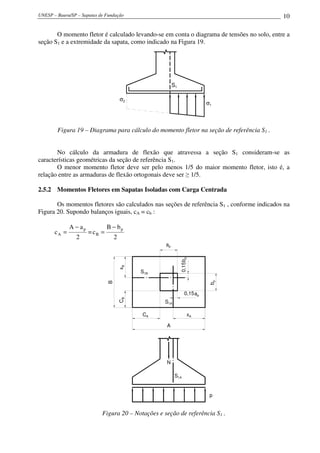UNESP – Bauru/SP – Sapatas de Fundação                                                     10

       O momento fletor é calculado levando-se em conta o diagrama de tensões no solo, entre a
seção S1 e a extremidade da sapata, como indicado na Figura 19.




                                                         S1

                                        σ2
                                                                          σ1



        Figura 19 – Diagrama para cálculo do momento fletor na seção de referência S1 .


       No cálculo da armadura de flexão que atravessa a seção S1 consideram-se as
características geométricas da seção de referência S1.
       O menor momento fletor deve ser pelo menos 1/5 do maior momento fletor, isto é, a
relação entre as armaduras de flexão ortogonais deve ser ≥ 1/5.

2.5.2 Momentos Fletores em Sapatas Isoladas com Carga Centrada

       Os momentos fletores são calculados nas seções de referência S1 , conforme indicados na
Figura 20. Supondo balanços iguais, cA = cb :

              A − ap            B − bp
       cA =            = cB =
                2                   2
                                                    ap
                                                              0,15 bp
                                        xB




                                             S1B
                                                                           bp
                                B




                                                                 0,15ap
                                        CB




                                                   S1A

                                             CA                     xA

                                                    A




                                                    N

                                                          S1A


                                                                           p


                            Figura 20 – Notações e seção de referência S1 .
 