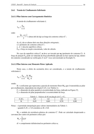 UNESP – Bauru/SP – Sapatas de Fundação                                                         18

2.6.1 Tensão de Cisalhamento Solicitante


2.6.1.1 Pilar Interno com Carregamento Simétrico

         A tensão de cisalhamento solicitante é:

                 FSd
         τSd =
                 u ⋅d

onde:

         d=
              (d x + d y ) = altura útil da laje ao longo do contorno crítico C’;
                     2

         dx e dy são as alturas úteis nas duas direções ortogonais;
         u = perímetro do contorno crítico C’;
         u . d = área da superfície crítica;
         FSd = força ou reação concentrada, valor de cálculo.

       No caso da superfície crítica C, u deve ser trocado por u0 (perímetro do contorno C). A
força de punção FSd pode ser reduzida da força distribuída aplicada na face oposta da laje, dentro
do contorno considerado na verificação, C ou C’ (isso será mostrado no Exemplo 5).


2.6.1.2 Pilar Interno com Momento Fletor Aplicado

        Neste caso, o efeito da assimetria deve ser considerado, e a tensão de cisalhamento
solicitante é:

                 FSd K ⋅ M Sd
         τSd =        +
                 u ⋅ d Wp ⋅ d

sendo:
        K = coeficiente que representa a parcela do momento fletor MSd que é transmitida ao pilar
por cisalhamento, dependente da relação C1/C2 (ver Tabela 1);
        C1 = dimensão do pilar paralela à excentricidade da força, indicado na Figura 33;
        C2 = dimensão do pilar perpendicular à excentricidade da força.

                            Tabela 1 - Valores de K em função de C1 e C2 .
            C1/C2               0,5               1,0             2,0                3,0
             K                 0,45              0,60            0,70               0,80

Notas: - é permitida interpolação para valores intermediários da Tabela 1;
       - quando C1/C2 > 3,0 considera-se K = 0,8.

       Wp = módulo de resistência plástica do contorno C’. Pode ser calculado desprezando a
curvatura dos cantos do perímetro crítico por:
                 u
         Wp = ∫ e dl
                 0
         dl = comprimento infinitesimal no perímetro crítico u;
 