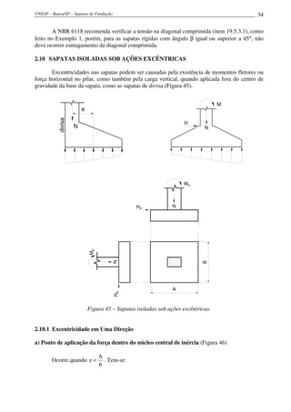 UNESP – Bauru/SP – Sapatas de Fundação                                                    34

        A NBR 6118 recomenda verificar a tensão na diagonal comprimida (item 19.5.3.1), como
feito no Exemplo 1, porém, para as sapatas rígidas com ângulo β igual ou superior a 45°, não
deve ocorrer esmagamento da diagonal comprimida.

2.10 SAPATAS ISOLADAS SOB AÇÕES EXCÊNTRICAS

       Excentricidades nas sapatas podem ser causadas pela existência de momentos fletores ou
força horizontal no pilar, como também pela carga vertical, quando aplicada fora do centro de
gravidade da base da sapata, como as sapatas de divisa (Figura 45).


                                                                                  M
                        e
           divisa




                                                                    H
                    N                                                       N




                                                                   MA



                                                HA             N
                            MB



                                      N




                                                                           B




                                                               A
                                         HB




                            Figura 45 – Sapatas isoladas sob ações excêntricas.


2.10.1 Excentricidade em Uma Direção

a) Ponto de aplicação da força dentro do núcleo central de inércia (Figura 46)

                                 A
        Ocorre quando e <          . Tem-se:
                                 6
 