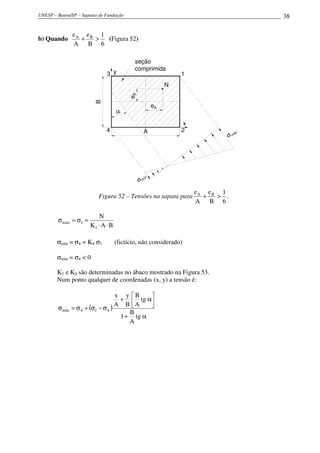 UNESP – Bauru/SP – Sapatas de Fundação                                                   38

                eA eB 1
b) Quando         +  >  (Figura 52)
                A   B 6

                                            seção
                                            comprimida
                              3 y                                 1
                                                              N




                                         eB
                         B
                                                         eA
                                    α
                                                                   x
                              4                 A                 2                  x
                                                                              σ má




                                                     n
                                              σ mí
                                                                       eA eB 1
                          Figura 52 – Tensões na sapata para             +  > .
                                                                       A   B 6

                           N
        σ máx = σ1 =
                       K1 ⋅ A ⋅ B

        σmín = σ4 = K4 σ1           (fictício, não considerado)

        σmín = σ4 < 0

        K1 e K4 são determinadas no ábaco mostrado na Figura 53.
        Num ponto qualquer de coordenadas (x, y) a tensão é:

                                    x y B    
                                     +  tg α 
                                    A B A    
        σ mín   = σ 4 + (σ1 − σ 4 )
                                        B
                                     1 + tg α
                                        A
 