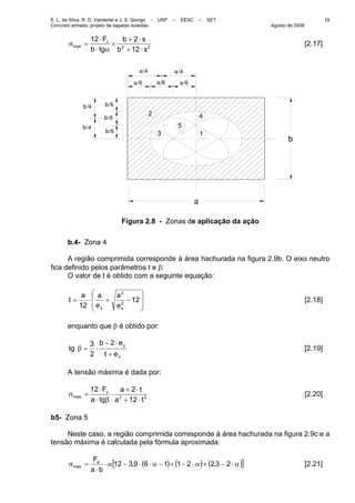 E. L. da Silva, R. D. Vanderlei e J. S. Giongo - USP – EESC – SET
Concreto armado: projeto de sapatas isoladas Agosto de 2008
19
22
12
212
sb
sb
tgb
Fv
max
⋅+
⋅+
×
α⋅
⋅
=σ [2.17]
a/6 a/6 a/6
b/6
b/6
b/6
a/4 a/4
b/4
b/4
b
a
1
2
3
4
5
Figura 2.8 - Zonas de aplicação da ação
b.4- Zona 4
A região comprimida corresponde à área hachurada na figura 2.9b. O eixo neutro
fica definido pelos parâmetros t e β:
O valor de t é obtido com a seguinte equação:
⎟
⎟
⎠
⎞
⎜
⎜
⎝
⎛
−+⋅= 12
12 2
2
xx e
a
e
aa
t [2.18]
enquanto que β é obtido por:
x
y
et
eb
tg
+
⋅−
⋅=β
2
2
3
[2.19]
A tensão máxima é dada por:
22
12
212
ta
ta
tga
Fv
max
⋅+
⋅+
⋅
β⋅
⋅
=σ [2.20]
b5- Zona 5
Neste caso, a região comprimida corresponde à área hachurada na figura 2.9c e a
tensão máxima é calculada pela fórmula aproximada:
( ) ( ) ( )[ ]α⋅−×α⋅−×−α⋅⋅−α⋅
⋅
=σ 23221169312 ,,
ba
Fa
max [2.21]
 