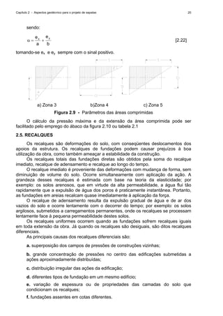 Capítulo 2 - Aspectos geotécnico para o projeto de sapatas 20
sendo:
b
e
a
e yx
+=α [2.22]
tomando-se ex e ey sempre com o sinal positivo.
a) Zona 3 b)Zona 4 c) Zona 5
Figura 2.9 - Parâmetros das áreas comprimidas
O cálculo da pressão máxima e da extensão da área comprimida pode ser
facilitado pelo emprego do ábaco da figura 2.10 ou tabela 2.1
2.5. RECALQUES
Os recalques são deformações do solo, com conseqüentes deslocamentos dos
apoios da estrutura. Os recalques de fundações podem causar prejuízos à boa
utilização da obra, como também ameaçar a estabilidade da construção.
Os recalques totais das fundações diretas são obtidos pela soma do recalque
imediato, recalque de adensamento e recalque ao longo do tempo.
O recalque imediato é proveniente das deformações com mudança de forma, sem
diminuição de volume do solo. Ocorre simultaneamente com aplicação da ação. A
grandeza desses recalques é estimada com base na teoria da elasticidade; por
exemplo: os solos arenosos, que em virtude da alta permeabilidade, a água flui tão
rapidamente que a expulsão de água dos poros é praticamente instantânea. Portanto,
as fundações em areias recalcam quase imediatamente à aplicação da força.
O recalque de adensamento resulta da expulsão gradual de água e de ar dos
vazios do solo e ocorre lentamente com o decorrer do tempo; por exemplo: os solos
argilosos, submetidos a carregamentos permanentes, onde os recalques se processam
lentamente face à pequena permeabilidade destes solos.
Os recalques uniformes ocorrem quando as fundações sofrem recalques iguais
em toda extensão da obra. Já quando os recalques são desiguais, são ditos recalques
diferenciais.
As principais causas dos recalques diferenciais são:
a. superposição dos campos de pressões de construções vizinhas;
b. grande concentração de pressões no centro das edificações submetidas a
ações aproximadamente distribuídas;
c. distribuição irregular das ações da edificação;
d. diferentes tipos de fundação em um mesmo edifício;
e. variação de espessura ou de propriedades das camadas do solo que
condicionam os recalques;
f. fundações assentes em cotas diferentes.
 