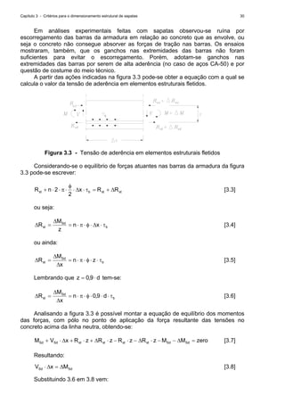 Capítulo 3 - Critérios para o dimensionamento estrutural de sapatas 30
Em análises experimentais feitas com sapatas observou-se ruína por
escorregamento das barras da armadura em relação ao concreto que as envolve, ou
seja o concreto não consegue absorver as forças de tração nas barras. Os ensaios
mostraram, também, que os ganchos nas extremidades das barras não foram
suficientes para evitar o escorregamento. Porém, adotam-se ganchos nas
extremidades das barras por serem de alta aderência (no caso de aços CA-50) e por
questão de costume do meio técnico.
A partir das ações indicadas na figura 3.3 pode-se obter a equação com a qual se
calcula o valor da tensão de aderência em elementos estruturais fletidos.
Figura 3.3 - Tensão de aderência em elementos estruturais fletidos
Considerando-se o equilíbrio de forças atuantes nas barras da armadura da figura
3.3 pode-se escrever:
ststbst RRxnR Δ+=τ⋅Δ⋅
φ
⋅π⋅⋅+
2
2 [3.3]
ou seja:
b
Sd
st xn
z
M
R τ⋅Δ⋅φ⋅π⋅=
Δ
=Δ [3.4]
ou ainda:
b
Sd
st zn
x
M
R τ⋅⋅φ⋅π⋅=
Δ
Δ
=Δ [3.5]
Lembrando que d,z ⋅= 90 tem-se:
b
Sd
st d,n
x
M
R τ⋅⋅⋅φ⋅π⋅=
Δ
Δ
=Δ 90 [3.6]
Analisando a figura 3.3 é possível montar a equação de equilíbrio dos momentos
das forças, com pólo no ponto de aplicação da força resultante das tensões no
concreto acima da linha neutra, obtendo-se:
zeroMMzRzRzRzRxVM SdSdststststSdSd =Δ−−⋅Δ−⋅−⋅Δ+⋅+Δ⋅+ [3.7]
Resultando:
SdSd MxV Δ=Δ⋅ [3.8]
Substituindo 3.6 em 3.8 vem:
 