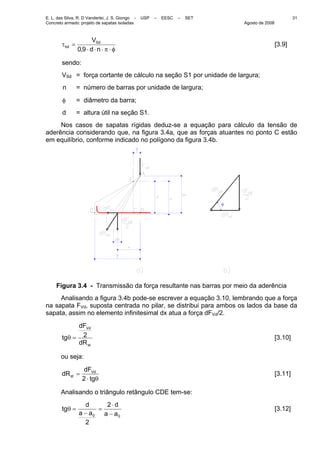 E. L. das Silva, R. D Vanderlei, J. S. Giongo - USP – EESC – SET
Concreto armado: projeto de sapatas isoladas Agosto de 2008
31
φ⋅π⋅⋅⋅
=τ
nd,
VSd
bd
90
[3.9]
sendo:
VSd = força cortante de cálculo na seção S1 por unidade de largura;
n = número de barras por unidade de largura;
φ = diâmetro da barra;
d = altura útil na seção S1.
Nos casos de sapatas rígidas deduz-se a equação para cálculo da tensão de
aderência considerando que, na figura 3.4a, que as forças atuantes no ponto C estão
em equilíbrio, conforme indicado no polígono da figura 3.4b.
θ
Figura 3.4 - Transmissão da força resultante nas barras por meio da aderência
Analisando a figura 3.4b pode-se escrever a equação 3.10, lembrando que a força
na sapata FVd, suposta centrada no pilar, se distribui para ambos os lados da base da
sapata, assim no elemento infinitesimal dx atua a força dFVd/2.
st
Vd
dR
dF
tg 2=θ [3.10]
ou seja:
θ⋅
=
tg
dF
dR Vd
st
2
[3.11]
Analisando o triângulo retângulo CDE tem-se:
00
2
2
aa
d
aa
d
tg
−
⋅
=
−
=θ [3.12]
 