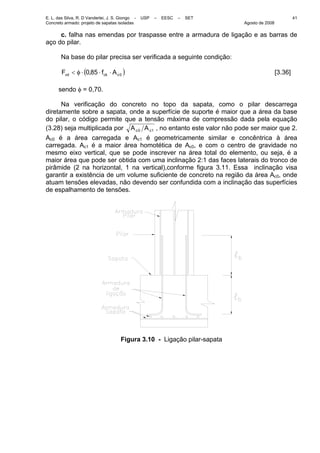 E. L. das Silva, R. D Vanderlei, J. S. Giongo - USP – EESC – SET
Concreto armado: projeto de sapatas isoladas Agosto de 2008
41
c. falha nas emendas por traspasse entre a armadura de ligação e as barras de
aço do pilar.
Na base do pilar precisa ser verificada a seguinte condição:
( )0850 cckvd Af,F ⋅⋅⋅φ< [3.36]
sendo φ = 0,70.
Na verificação do concreto no topo da sapata, como o pilar descarrega
diretamente sobre a sapata, onde a superfície de suporte é maior que a área da base
do pilar, o código permite que a tensão máxima de compressão dada pela equação
(3.28) seja multiplicada por 1c0c AA , no entanto este valor não pode ser maior que 2.
Ac0 é a área carregada e Ac1 é geometricamente similar e concêntrica à área
carregada. Ac1 é a maior área homotética de Ac0, e com o centro de gravidade no
mesmo eixo vertical, que se pode inscrever na área total do elemento, ou seja, é a
maior área que pode ser obtida com uma inclinação 2:1 das faces laterais do tronco de
pirâmide (2 na horizontal, 1 na vertical),conforme figura 3.11. Essa inclinação visa
garantir a existência de um volume suficiente de concreto na região da área Ac0, onde
atuam tensões elevadas, não devendo ser confundida com a inclinação das superfícies
de espalhamento de tensões.
Figura 3.10 - Ligação pilar-sapata
 