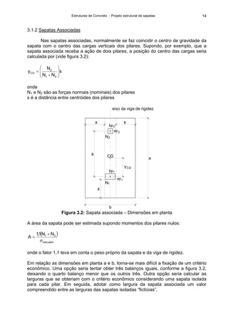 Estruturas de Concreto - Projeto estrutural de sapatas 14
3.1.2 Sapatas Associadas
Nas sapatas associadas, normalmente se faz coincidir o centro de gravidade da
sapata com o centro das cargas verticais dos pilares. Supondo, por exemplo, que a
sapata associada receba a ação de dois pilares, a posição do centro das cargas seria
calculada por (vide figura 3.2):
s
NN
N
y
21
2
CG ⎟⎟
⎠
⎞
⎜⎜
⎝
⎛
+
=
onde
N1 e N2 são as forças normais (nominais) dos pilares
s é a distância entre centróides dos pilares
eixo da viga de rigidez
a
1ap
b
x
1N
s
x
bp1
CG
YCG
x
bp
2N
2ap
2
Figura 3.2: Sapata associada – Dimensões em planta
A área da sapata pode ser estimada supondo momentos dos pilares nulos:
( )
adm,solo
21 NN1,1
A
σ
+
=
onde o fator 1,1 leva em conta o peso próprio da sapata e da viga de rigidez.
Em relação as dimensões em planta a e b, torna-se mais difícil a fixação de um critério
econômico. Uma opção seria tentar obter três balanços iguais, conforme a figura 3.2,
deixando o quarto balanço menor que os outros três. Outra opção seria calcular as
larguras que se obteriam com o critério econômico considerando uma sapata isolada
para cada pilar. Em seguida, adotar como largura da sapata associada um valor
compreendido entre as larguras das sapatas isoladas “fictícias”.
 