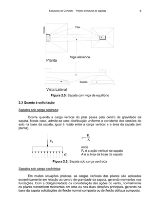 Estruturas de Concreto - Projeto estrutural de sapatas 8
VIGA−ALAVANCA
DIVISA
Vista Lateral
Sapata
Pilar
Planta
Viga alavanca
Figura 2.5: Sapata com viga de equilíbrio
2.3 Quanto à solicitação
Sapatas sob carga centrada:
Ocorre quando a carga vertical do pilar passa pelo centro de gravidade da
sapata. Neste caso, admite-se uma distribuição uniforme e constante das tensões do
solo na base da sapata, igual à razão entre a carga vertical e a área da sapata (em
planta).
σ
Fk
A
Fk
=σ
onde
Fk é a ação vertical na sapata
A é a área da base da sapata
Figura 2.6: Sapata sob carga centrada
Sapatas sob carga excêntrica:
Em muitos situações práticas, as cargas verticais dos pilares são aplicadas
excentricamente em relação ao centro de gravidade da sapata, gerando momentos nas
fundações. Com a obrigatoriedade da consideração das ações do vento, normalmente
os pilares transmitem momentos em uma ou nas duas direções principais, gerando na
base da sapata solicitações de flexão normal composta ou de flexão oblíqua composta.
 