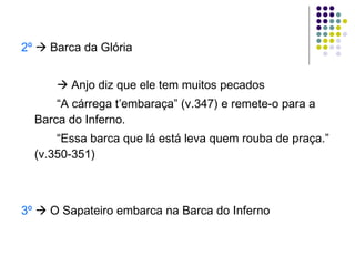 2º     Barca da Glória     Anjo diz que ele tem muitos pecados “ A cárrega t’embaraça” (v.347) e remete-o para a Barca do Inferno. “ Essa barca que lá está leva quem rouba de praça.” (v.350-351)  3º     O Sapateiro embarca na Barca do Inferno 