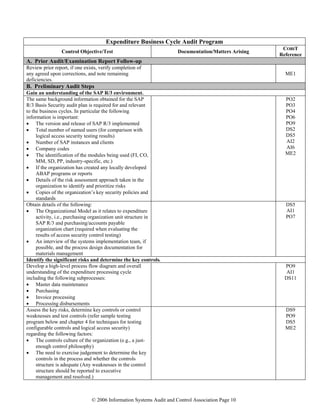 © 2006 Information Systems Audit and Control Association Page 10
Expenditure Business Cycle Audit Program
Control Objective/Test Documentation/Matters Arising
COBIT
Reference
A. Prior Audit/Examination Report Follow-up
Review prior report, if one exists, verify completion of
any agreed upon corrections, and note remaining
deficiencies.
ME1
B. Preliminary Audit Steps
Gain an understanding of the SAP R/3 environment.
The same background information obtained for the SAP
R/3 Basis Security audit plan is required for and relevant
to the business cycles. In particular the following
information is important:
• The version and release of SAP R/3 implemented
• Total number of named users (for comparison with
logical access security testing results)
• Number of SAP instances and clients
• Company codes
• The identification of the modules being used (FI, CO,
MM, SD, PP, industry-specific, etc.)
• If the organization has created any locally developed
ABAP programs or reports
• Details of the risk assessment approach taken in the
organization to identify and prioritize risks
• Copies of the organization’s key security policies and
standards
PO2
PO3
PO4
PO6
PO9
DS2
DS5
AI2
AI6
ME2
Obtain details of the following:
• The Organizational Model as it relates to expenditure
activity, i.e., purchasing organization unit structure in
SAP R/3 and purchasing/accounts payable
organization chart (required when evaluating the
results of access security control testing)
• An interview of the systems implementation team, if
possible, and the process design documentation for
materials management
DS5
AI1
PO7
Identify the significant risks and determine the key controls.
Develop a high-level process flow diagram and overall
understanding of the expenditure processing cycle
including the following subprocesses:
• Master data maintenance
• Purchasing
• Invoice processing
• Processing disbursements
PO9
AI1
DS11
Assess the key risks, determine key controls or control
weaknesses and test controls (refer sample testing
program below and chapter 4 for techniques for testing
configurable controls and logical access security)
regarding the following factors:
• The controls culture of the organization (e.g., a just-
enough control philosophy)
• The need to exercise judgement to determine the key
controls in the process and whether the controls
structure is adequate (Any weaknesses in the control
structure should be reported to executive
management and resolved.)
DS9
PO9
DS5
ME2
 