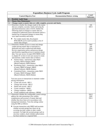 © 2006 Information Systems Audit and Control Association Page 11
Expenditure Business Cycle Audit Program
Control Objective/Test Documentation/Matters Arising
COBIT
Reference
C. Detailed Audit Steps
1. Master Data Maintenance
1.1 Changes made to master data are valid, complete, accurate and timely.
1.1.1 Determine whether the changes made to the master
data are complete, accurate, timely and using the
specified transaction code or SA38, whether the
following report of changes to master data are
compared to authorized source documents and/or a
manual log of requested changes to ensure they
were input accurately and timely.
• For vendor master data, the program
RFKABL00 can be used to produce a list of
master data changes.
AI6
DS11
1.1.2 Determine whether access to create and change
vendor pricing master data is restricted to a
dedicated area and to authorized individuals.
Review organization policy and process design
specifications regarding access to maintain master
data. Test user access via report RSUSR002 (refer
to chapter IV on how to test user access) to create
and maintain vendor master data as follows:
• Finance Entry—transaction codes FK01
(Create), FK02 (Change), FK05
(Block/Unblock), FK06 (Delete)
• Purchasing Entry—transaction codes MK01
(Create), MK02 (Change), MK05
(Block/Unblock), MK06 (Delete)
• Centralized Entry—transaction codes XK01
(Create), XK02 (Change), XK05
(Block/Unblock), XK06 (Delete)
Test user access to transactions to maintain vendor
pricing information:
• Create info record—ME11
• Change info record—ME12
• Delete info record—ME15
• Create condition—MEK1
• Change condition—MEK2
• Create condition with reference—MEK4
DS5
AI6
DS6
DS11
1.1.3 Determine whether the configurable control settings
address the risks pertaining to the validity,
completeness and accuracy of master data and
whether they have been set in accordance with
management intentions. View the settings online
using the IMG as follows:
• Execute transaction code OBD3 and ascertain
whether account groups have been set up
covering one-time vendor or other vendor
accounts. For high-risk account groups such as
one-time vendors, check whether authorization
has been marked as a required field.
DS12
DS9
DS11
 